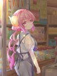  1girl absurdres apron black_apron blue_shirt blush candy_store cowboy_shot cs4126 dragon_girl dragon_horns highres horns ilulu_(maidragon) kobayashi-san_chi_no_maidragon lens_flare long_hair looking_at_viewer pink_eyes pink_hair pointy_ears shelf shirt shop short_sleeves solo twintails very_long_hair yellow_horns 