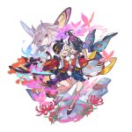  2girls artist_request asymmetrical_bangs ayaha_(dragalia_lost) bangs black_hair bug butterfly dragalia_lost fangs full_body green_eyes horns japanese_clothes looking_at_viewer mask mask_on_head multiple_girls official_art otoha_(dragalia_lost) single_horn skirt white_hair 