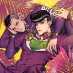  2boys anzumame black_hair blue_eyes diamond_wa_kudakenai dollar_sign earrings facial_mark gakuran grey_hair higashikata_josuke jewelry jojo_no_kimyou_na_bouken male_focus multicolored_hair multiple_boys nijimura_okuyasu palm_tree peace_symbol pompadour school_uniform tree two-tone_hair yen_sign 