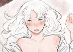  1girl breasts cleavage grey_eyes long_hair lying milfcookiesimp on_back on_bed open_clothes open_mouth open_shirt orgasm original upper_body white_hair 