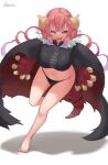 1girl bangs bare_legs barefoot black_cape breasts cape dragon_claw dragon_girl dragon_horns dragon_tail highres horns ilulu_(maidragon) kobayashi-san_chi_no_maidragon large_breasts navel open_mouth shadow shortstack signature simple_background smile solo tail toxic_(pixiv54732505) white_background 