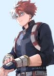  1boy belt blue_eyes boku_no_hero_academia burn_scar costume from_below from_side gauntlets grey_eyes hair_between_eyes hair_blowing harness heterochromia highres jumpsuit light_smile long_bangs long_sleeves looking_at_viewer male_focus multicolored_hair red_hair saboten_33 scar scar_on_face short_hair simple_background sleeves_rolled_up solo split-color_hair todoroki_shouto twitter_username two-tone_hair upper_body white_hair 