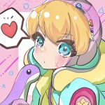  1girl apex_legends bangs blonde_hair blue_eyes eyebrows_visible_through_hair heart highres hood hooded_jacket jacket kawaii_voltage_wattson looking_at_viewer nepitasu nessie_(respawn) pink_headwear portrait scar scar_on_cheek scar_on_face solo speech_bubble spoken_heart stuffed_toy wattson_(apex_legends) yellow_jacket 