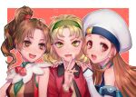  3girls blonde_hair brown_eyes brown_hair gensou_suikoden gensou_suikoden_ii hairband hat jewelry long_hair looking_at_viewer meg_(suikoden) millie_(suikoden) multiple_girls nina_(suikoden) open_mouth ponytail sakai_(motomei) short_hair smile 