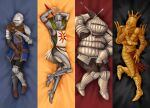  4boys arm_up armor armored_boots arms_up boots breastplate brown_footwear brown_gloves brown_pants chain chainmail commentary dakimakura_(medium) dark_souls_(series) dark_souls_i elzarth english_commentary full_armor full_body gauntlets gloves gold_armor helm helmet holding holding_sword holding_weapon knight knight_lautrec_of_carim knight_of_astora_oscar looking_at_viewer male_focus multiple_boys pants pauldrons shoulder_armor siegmeyer_of_catarina solaire_of_astora sun_print sword tabard weapon 