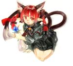  1girl animal_ears blue_flower braid cat_ears flower flower_request full_body holding holding_flower kaenbyou_rin konabetate looking_at_viewer nekomata red_eyes red_hair simple_background solo touhou twin_braids twintails white_background 
