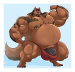  anthro belly big_belly big_muscles big_pecs big_penis black_hair black_nipples black_penis brown_body brown_fur canid canine canis clothed clothing dreadlocks facial_hair flexing fur genitals goatee hair hi_res male mammal manlyster mostly_nude muscular muscular_anthro muscular_male nipple_piercing nipples pecs penis piercing solo thong topless underwear were werecanid werecanine werewolf wolf 