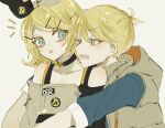  1boy 1girl aqua_eyes bangs bare_shoulders blonde_hair blush bow choker collarbone colored_eyelashes crop_top hair_bow hair_ornament hairclip half-closed_eyes head_on_another&#039;s_shoulder hood hooded_jacket hug hug_from_behind jacket kagamine_len kagamine_rin looking_at_another looking_back maca1227 open_mouth project_sekai serious short_ponytail short_sleeves sleeveless sleeveless_jacket surprised swept_bangs two-tone_bow vocaloid zipper 