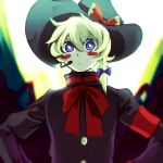  1girl bangs black_headwear black_jacket blonde_hair blue_bow blue_eyes blush blush_stickers bow bowtie braid bright_pupils closed_mouth commentary cookie_(touhou) cosplay hair_between_eyes hair_bow hat hat_bow highres hirasawa_susumu hirasawa_susumu_(cosplay) jacket kirisame_marisa looking_at_viewer lsnsn meguru_(cookie) real_life red_bow red_bowtie short_hair side_braid single_braid solo touhou upper_body v-shaped_eyebrows white_pupils witch_hat 