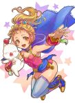  1girl blonde_hair blush brown_eyes cape dissidia_final_fantasy dissidia_final_fantasy_opera_omnia dress final_fantasy final_fantasy_v full_body hair_ornament highres krile_mayer_baldesion long_hair looking_at_viewer medium_hair moogle open_mouth payu_(pyms11) ponytail smile thighhighs 