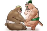  anthro ashigara belly blood blush bodily_fluids brown_body brown_fur canid canine canis domestic_dog duo embarrassed eyebrows fur hi_res inunodaidokoro kneeling lifewonders male male/male mammal musclegut nipples nosebleed pecs sitting sumo sumo_wrestler sweat thick_eyebrows tokyo_afterschool_summoners topknot ursid video_games yasuyori 