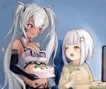  2girls alabama_(azur_lane) azur_lane bandeau bangs bare_shoulders beige_sweater bikini bikini_under_clothes black_bikini black_gloves blush breasts cake character_request cleavage clothes_writing commentary_request dark_skin detached_collar elbow_gloves eyebrows_visible_through_hair facial_mark food gloves hakuro_ovo highres holding holding_plate long_hair long_sleeves looking_at_another medium_breasts midriff multiple_girls navel open_mouth plate red_eyes see-through silver_hair stomach strapless sweater swimsuit tube_top twintails upper_body very_long_hair whisker_markings yellow_eyes 