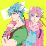  2boys blue_hair caesar_anthonio_zeppeli chest_protector dual_persona facial_mark feather_hair_ornament feathers fingerless_gloves gloves green_shirt hair_ornament headband headbands highres jacket jojo_no_kimyou_na_bouken kogatarou male_focus multicolored_hair multiple_boys pink_eyes pink_hair pink_jacket scarf shirt t-shirt triangle_print two-tone_hair yellow_eyes 