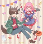  1boy 1girl absurdres aida_taketo animal_ears anyadesu_yo bat_wings black_dress blush breasts brown_footwear brown_hair candy collar dragon_girl dragon_horns dress eyebrows_visible_through_hair fangs food ghost green_jacket grey_pants hands_up highres horns ilulu_(maidragon) jack-o&#039;-lantern jacket kobayashi-san_chi_no_maidragon large_breasts long_sleeves open_mouth pants pink_eyes red_footwear red_shirt shirt shoes short_hair strap_slip tail wings wolf_ears wolf_tail 