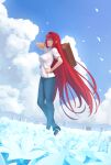 1girl absurdres aozaki_aoko blue_eyes breasts cloud cloudy_sky denim floating_hair flower full_body hair_intakes highres jeans large_breasts long_hair melty_blood melty_blood:_type_lumina outdoors pants quatthro red_hair shirt short_hair sky suitcase t-shirt tsukihime tsukihime_(remake) very_long_hair white_shirt 