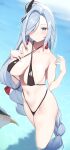  absurdres bikini bird black_bikini blue_sky braid braided_ponytail breasts cloba cloud_retainer_(genshin_impact) crane_(animal) earrings genshin_impact gradient_eyes grey_hair hair_ornament hair_over_one_eye hair_ribbon highres jewelry large_breasts multicolored_eyes navel red_ribbon ribbon shenhe_(genshin_impact) sky swimsuit tassel tassel_earrings wading water wet 