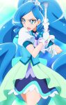  1girl absurdres ascot blue_background blue_choker blue_skirt blue_vest brooch choker cowboy_shot cure_fontaine gloves gradient gradient_background healin&#039;_good_precure healing_animal healing_wand highres jewelry long_hair magical_girl oimanji open_mouth pegitan_(precure) precure puffy_short_sleeves puffy_sleeves sawaizumi_chiyu short_sleeves skirt vest white_gloves 