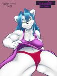  2020 3:4 anthro blue_hair breasts claws clothed clothing female fur green_eyes hair hi_res lips long_hair mammal ms._cotton open_mouth open_smile panties partially_clothed polar_bear savageshark simple_background smile solo teeth underwear ursid ursine white_body white_fur 