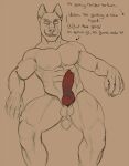  abs animal_genitalia animal_penis anthro balls banding big_penis canid canine canine_penis dialogue genital_torture genitals hi_res knot male mammal monochrome muscular muscular_anthro muscular_male nipples nude pecs penis red_penis sanguinepuppy short_tail sketch smile solo 