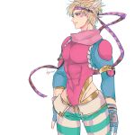  1boy armband battle_tendency blonde_hair blue_jacket caesar_anthonio_zeppeli facial_mark feather_hair_ornament feathers fingerless_gloves gloves green_eyes groin hair_ornament headband highres jacket jojo_no_kimyou_na_bouken kogatarou leotard male_focus muscular muscular_male pants scarf solo standing striped striped_pants tight triangle_print 