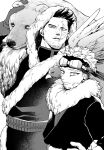  2boys animal_on_shoulder bear beard belt bird bird_on_shoulder boku_no_hero_academia burn_scar eagle earrings endeavor_(boku_no_hero_academia) eyewear_on_headwear facial_hair facial_mark feathered_wings fur-trimmed_jacket fur_collar fur_trim gloves goatee greyscale hand_on_another&#039;s_head hawk hawks_(boku_no_hero_academia) head_on_another&#039;s_shoulder headband height_difference jacket jewelry looking_at_viewer male_focus monochrome multiple_boys mustache scar scar_across_eye scar_on_cheek scar_on_face scar_on_mouth shaku_po short_hair sideburns size_difference spiked_hair stud_earrings very_short_hair wings winter_clothes 