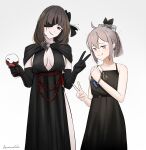  2girls artist_name bangs black_dress black_eyepatch black_gloves blonde_hair breasts brown_hair closed_mouth collarbone cup darkpulsegg dress drinking_glass elbow_gloves eyebrows_visible_through_hair eyepatch feet_out_of_frame girls&#039;_frontline gloves hair_ornament hair_ribbon highres holding holding_cup light_purple_eyes long_hair looking_at_viewer m16a1_(blazer_of_the_trail)_(girls&#039;_frontline) m16a1_(girls&#039;_frontline) m200_(girls&#039;_frontline) m200_(war_correspondent)_(girls&#039;_frontline) medium_breasts multicolored_hair multiple_girls official_alternate_costume orange_eyes ribbon scar scar_across_eye short_hair small_breasts smile standing v white_background wine_glass zip_file_(object) 