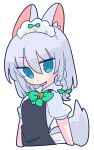  1girl animal_ears bell blue_eyes bow braid collared_shirt commentary dog_ears dog_tail dress green_bow grey_dress hair_bow highres inu_sakuya_(nejikirio) izayoi_sakuya kemonomimi_mode maid maid_headdress neck_bell op_na_yarou puffy_short_sleeves puffy_sleeves shirt short_sleeves simple_background solo tail touhou twin_braids white_background white_shirt 