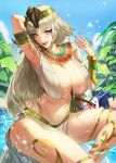  1girl blonde_hair bracelet breasts cleopatra_(megami_tensei) colored_sclera egyptian egyptian_clothes fangs highres ja_mong jack_frost jewelry large_breasts long_hair looking_at_viewer navel ring shin_megami_tensei shin_megami_tensei_v smile solo usekh_collar wet yellow_eyes yellow_sclera 