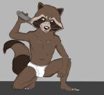  anthro barefoot briefs briefs_only brown_body brown_fur bulge clothed clothing feet fur guardians_of_the_galaxy kneeling male mammal marvel open_mouth procyonid raccoon rocket_raccoon solo teeth_showing thegreatmatsutzu tighty_whities topless underwear underwear_only whiskers white_briefs white_clothing white_underwear 