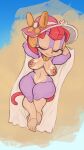  9:16 anthro blush domestic_cat eyes_closed felid feline felis female hi_res lying mammal nipples nude on_back pizzacat polly_esther samurai_pizza_cats solo suntan tan_line wide_hips 