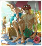  3boys anzumame beaccch beach black_hair cherry_print earrins eyewear_on_head flower food_print grey_hair hat hibiscus innertube jean_pierre_polnareff jojo_no_kimyou_na_bouken kakyoin_noriaki kujo_jotaro male_focus male_swimwear multiple_boys parasol red_hair scar scar_across_eye sitting stardust_crusaders sunglasses swim_trunks umbrella 