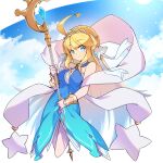  1girl ahoge bangs bare_shoulders blonde_hair blue_eyes breasts brooch cleavage_cutout closed_mouth clothing_cutout dragalia_lost gom_gom666 highres holding holding_staff jewelry large_breasts long_hair looking_at_viewer sky staff tiara very_long_hair zethia 