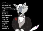  anthro bow_tie bowman bowman_fox bowman_ween bowmanfox canid canine canis clothing english_text eyes_closed hi_res hyaenid hybrid male mammal monochrome_fur suit text wolf 