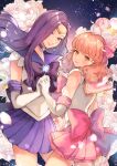  2girls alternate_costume bishoujo_senshi_sailor_moon bow closed_mouth commission cosplay fire_emblem fire_emblem_echoes:_shadows_of_valentia genny_(fire_emblem) gloves highres holding_hands looking_at_viewer multiple_girls pink_eyes pink_hair purple_eyes purple_hair sailor_senshi_costume skeb_commission skirt sonya_(fire_emblem) upper_body wawatiku 
