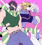  1boy 2boys battle_tendency blonde_hair blue_jacket brown_hair clothing_cutout crop_top denim facial_mark fingerless_gloves gloves green_eyes green_scarf hair_ornament headband highres jacket jeans jojo_no_kimyou_na_bouken joseph_joestar joseph_joestar_(young) male_focus mask midriff multicolored_clothes multicolored_scarf multiple_boys nitako pants pink_scarf purple_hair scarf solo striped striped_scarf yellow_scarf 