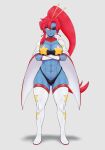  2021 abs absurd_res big_breasts bite biting_lip blue_body blue_scales breasts clothing ear_fins eye_patch eyeshadow eyewear female fin fish hair hi_res makeup marine nipple_outline pasties princeofchilledbros red_eyeshadow red_hair scales solo tengen_toppa_gurren_lagann undertale undertale_(series) undyne video_games yellow_sclera yoko_littner 