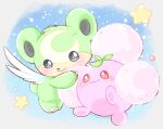  alternate_color blush claws closed_mouth commentary janna_(sweepysheepy) jumpluff no_humans pokemon pokemon_(creature) red_eyes shiny_pokemon smile star_(symbol) teddiursa 