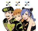  1girl 2boys absurdres blue_eyes blue_hair blue_lips braid diamond_wa_kudakenai double_bun green_eyes green_lips hair_cones heart higashikata_josuke highres jojo_no_kimyou_na_bouken kujo_jolyne multicolored_hair multiple_boys orange_eyes orange_hair orange_lips peace_symbol setsunano stone_ocean two-tone_hair vento_aureo wing_ornament 