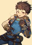  1boy absurdres asymmetrical_sleeves belly_poke brown_hair commentary gloves highres looking_at_viewer male_focus navel poking rex_(xenoblade) short_hair simple_background smile solo sora_(zwz030) tongue tongue_out xenoblade_chronicles_(series) 