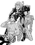  3boys animal_print argyle argyle_sweater bangs blunt_bangs bob_cut boots braid bruno_buccellati cleavage_cutout clothing_cutout giorno_giovanna greyscale guido_mista hat highres jojo_no_kimyou_na_bouken male_focus monochrome multiple_boys setsunano sweater tiger_print turtleneck vento_aureo 