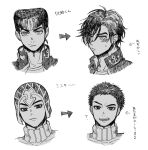  2boys alternate_hairstyle diamond_wa_kudakenai greyscale guido_mista hair_down hat hat_removed headwear_removed higashikata_josuke jojo_no_kimyou_na_bouken male_focus monochrome multiple_boys pompadour setsunano spiked_hair turtleneck vento_aureo 