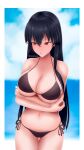  1girl absurdres akame akame_ga_kill! arms_under_breasts artist_name bangs bikini black_bikini black_hair blue_sky blurry blurry_background blush border breast_hold breasts cleavage cloud collarbone commentary cowboy_shot depth_of_field embarrassed hair_between_eyes halter_top halterneck hand_on_own_arm highres large_breasts long_hair navel nose_blush outdoors parted_lips red_eyes rezeharu side-tie_bikini sky solo standing stomach straight_hair swimsuit thigh_gap very_long_hair water white_border 