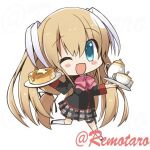  1girl black_jacket blazer blonde_hair blue_eyes bow bowtie chibi commentary cup food grey_skirt hair_ribbon holding jacket little_busters! long_hair looking_at_viewer pancake pink_bow pink_bowtie plaid plaid_skirt pleated_skirt remotaro ribbon school_uniform simple_background skirt solo tea_set teacup teapot tokido_saya tray twintails twitter_username white_background white_ribbon 
