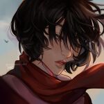  1girl artist_name bird black_hair close-up cloud dated english_commentary eyebrows_behind_hair eyelashes floating_scarf highres likelihood_art lips long_scarf messy_hair mikasa outdoors parted_lips red_lips red_scarf scarf shingeki_no_kyojin short_hair sky solo upper_body 