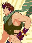  1boy abs bare_shoulders biceps brown_hair crop_top fingerless_gloves gloves green_eyes green_scarf hand_on_hip highres jojo_no_kimyou_na_bouken joseph_joestar joseph_joestar_(young) male_focus midriff nitako scarf solo striped striped_scarf 