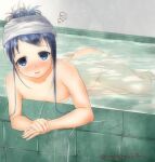  1girl bathing blue_eyes blue_hair blush breasts collarbone completely_nude kantai_collection long_hair looking_at_viewer mae_(maesanpicture) medium_breasts nude onsen open_mouth partially_submerged samidare_(kancolle) solo towel towel_on_head twitter_username 