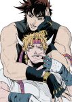  2boys bare_shoulders battle_tendency blonde_hair brown_hair caesar_anthonio_zeppeli cigarette facial_mark feather_hair_ornament feathers fingerless_gloves gloves green_eyes grin hair_ornament headband highres jojo_no_kimyou_na_bouken joseph_joestar joseph_joestar_(young) male_focus multiple_boys nitako smile triangle_print 