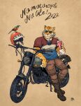  1boy 2022 absurdres bird boots chinese_zodiac cup disposable_cup drinking_straw english_text furry furry_male ground_vehicle headwear_removed helmet helmet_removed highres holding kickstand leaning_on_object male_focus motor_vehicle motorcycle original samanokami0122 shirt short_sleeves simple_background sunglasses t-shirt tiger year_of_the_tiger 