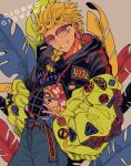  1boy alternate_costume arrow_(jojo) blonde_hair braid earrings giorno_giovanna green_jacket grin guido_mista happy_birthday highres hood hoodie jacket jewelry jojo_no_kimyou_na_bouken male_focus off_shoulder pin setsunano smile solo sunglasses vento_aureo 