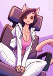  anthro breasts cleavage clothed clothing conditional_dnp felid feline female jacket jollyjack looking_at_viewer mammal midriff open_clothing open_jacket open_topwear sitting solo topwear 